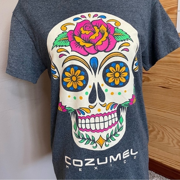 Tropical Relax Sugar Skull Cozumel Mexico Grey Short Sleeve Tee Small - Picture 4 of 7